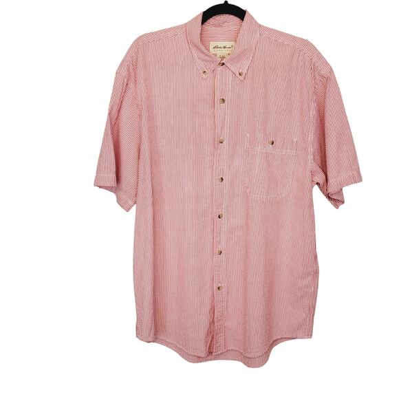 Vtg Eddie Bauer Red/White Stripe Seersucker Short Sleeve Button Down Shirt Sze M - Picture 2 of 8